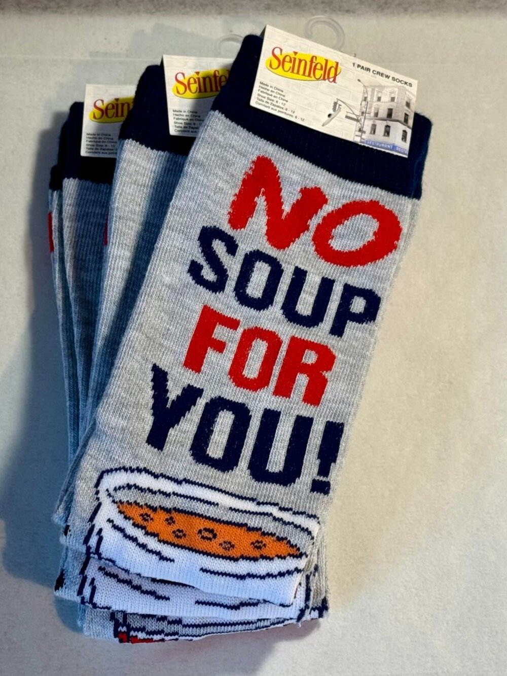 3 Pairs Seinfeld No Soup For You Novelty Crew Socks Size 6-12/13 OSFM